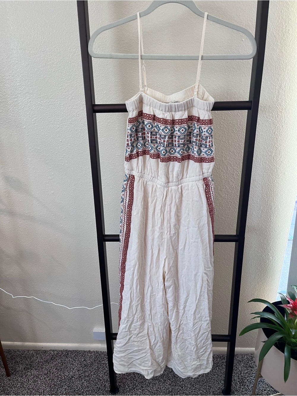 American Eagle Outfitters cream Boho Embroidered Strap Jumpsuit